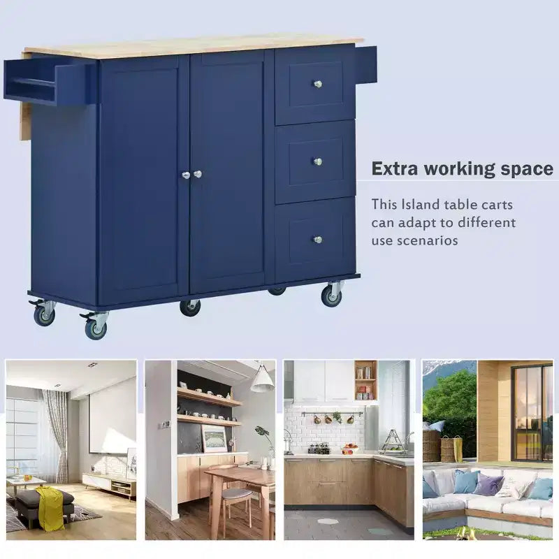 Carrello da Cucina Okak con Piano in Legno e Ruote Bloccabili, Isola da Cucina con Ribalta, Portaspezie e Portasciugamani, Organizer da Banco per la Cucina