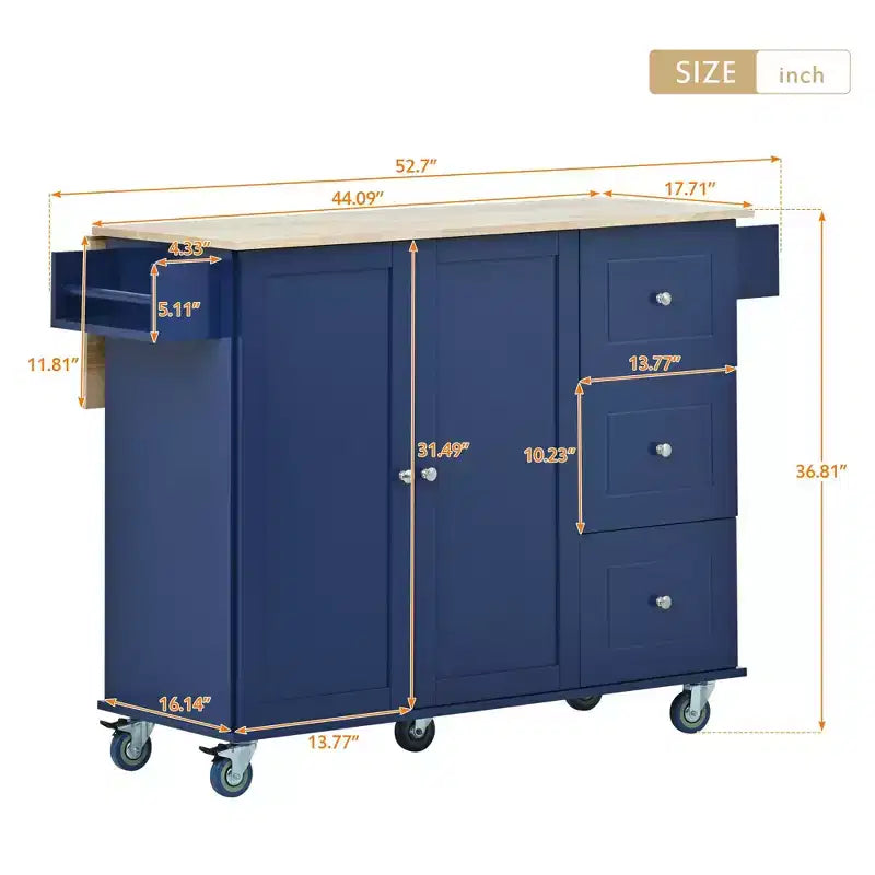 Carrello da Cucina Okak con Piano in Legno e Ruote Bloccabili, Isola da Cucina con Ribalta, Portaspezie e Portasciugamani, Organizer da Banco per la Cucina