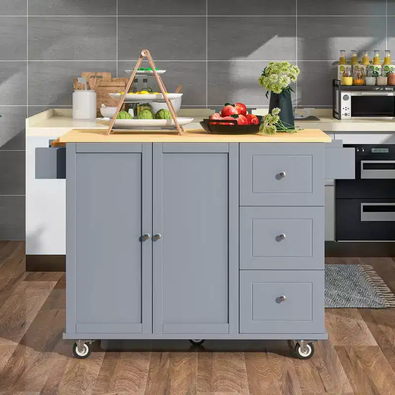 Carrello da Cucina Okak con Piano in Legno e Ruote Bloccabili, Isola da Cucina con Ribalta, Portaspezie e Portasciugamani, Organizer da Banco per la Cucina