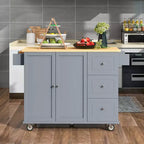 Carrello da Cucina Okak con Piano in Legno e Ruote Bloccabili, Isola da Cucina con Ribalta, Portaspezie e Portasciugamani, Organizer da Banco per la Cucina