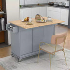 Carrello da Cucina Okak con Piano in Legno e Ruote Bloccabili, Isola da Cucina con Ribalta, Portaspezie e Portasciugamani, Organizer da Banco per la Cucina