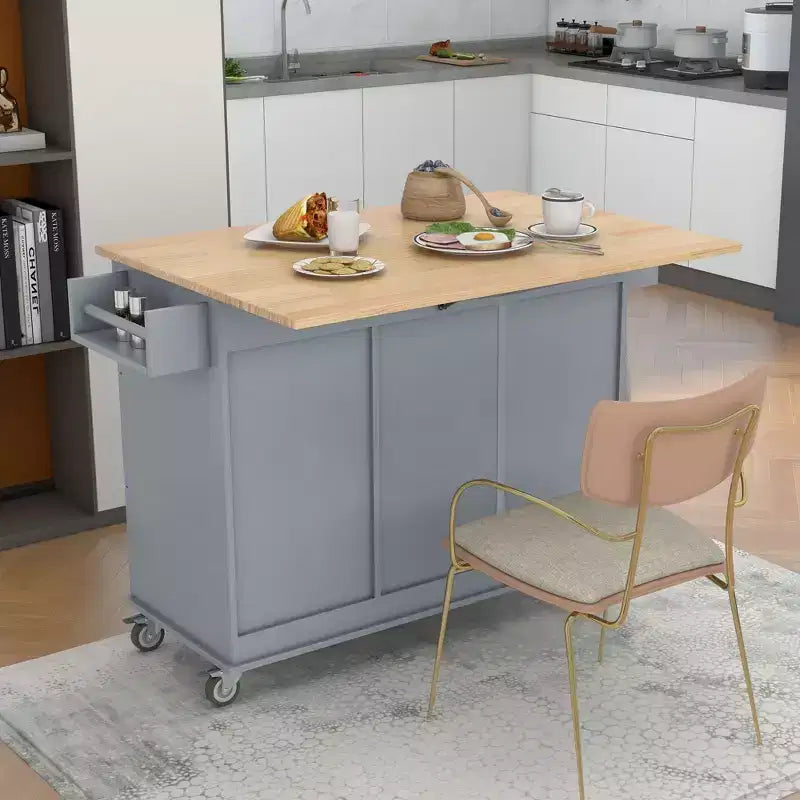 Carrello da Cucina Okak con Piano in Legno e Ruote Bloccabili, Isola da Cucina con Ribalta, Portaspezie e Portasciugamani, Organizer da Banco per la Cucina