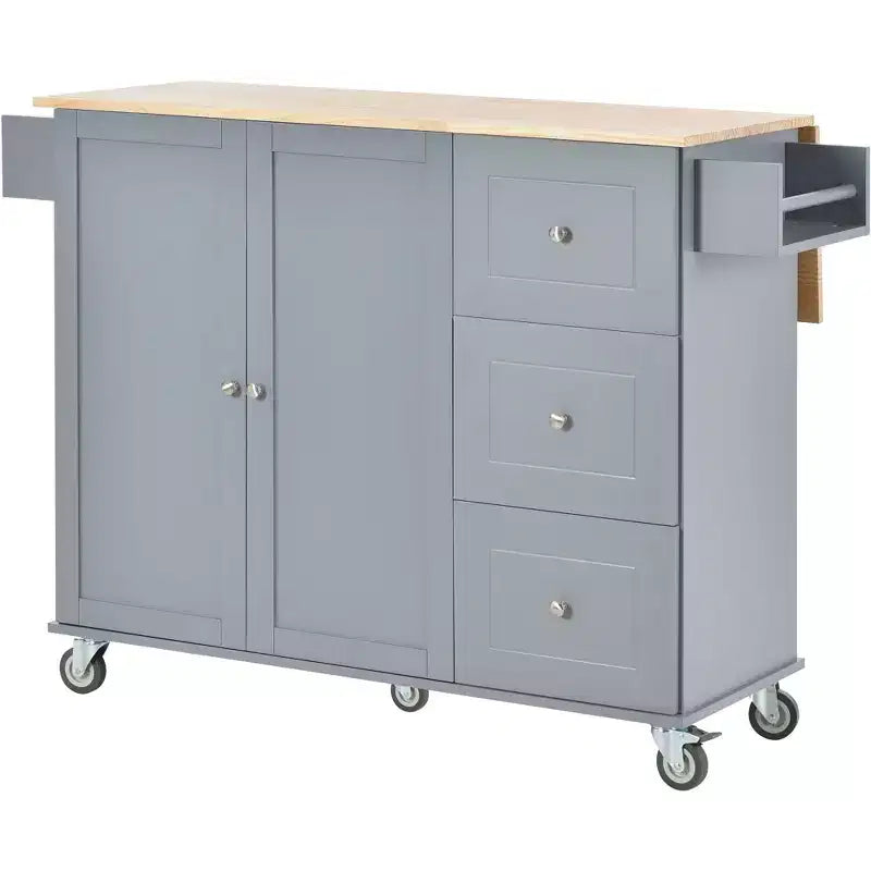 Carrello da Cucina Okak con Piano in Legno e Ruote Bloccabili, Isola da Cucina con Ribalta, Portaspezie e Portasciugamani, Organizer da Banco per la Cucina
