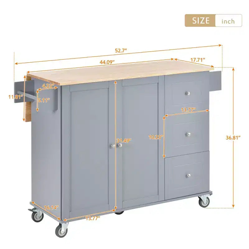 Carrello da Cucina Okak con Piano in Legno e Ruote Bloccabili, Isola da Cucina con Ribalta, Portaspezie e Portasciugamani, Organizer da Banco per la Cucina
