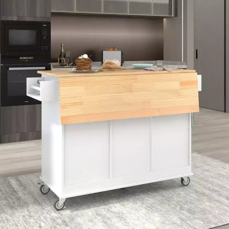 Carrello da Cucina Okak con Piano in Legno e Ruote Bloccabili, Isola da Cucina con Ribalta, Portaspezie e Portasciugamani, Organizer da Banco per la Cucina