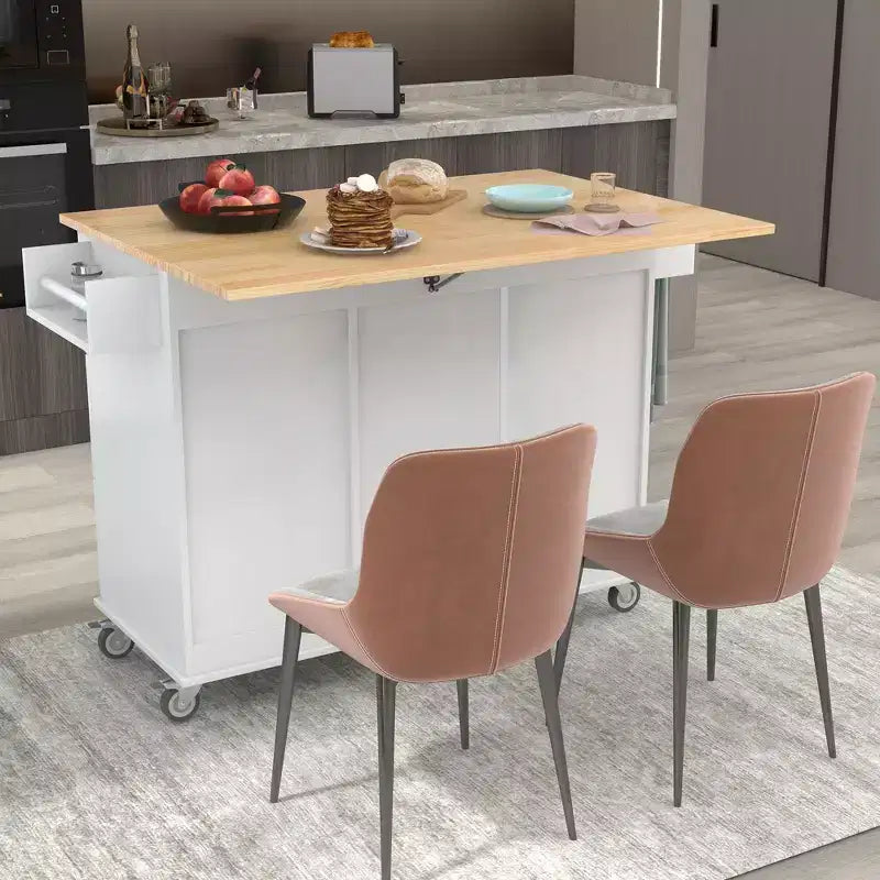 Carrello da Cucina Okak con Piano in Legno e Ruote Bloccabili, Isola da Cucina con Ribalta, Portaspezie e Portasciugamani, Organizer da Banco per la Cucina