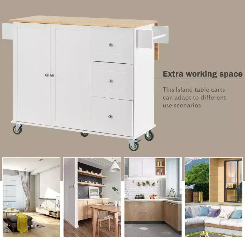 Carrello da Cucina Okak con Piano in Legno e Ruote Bloccabili, Isola da Cucina con Ribalta, Portaspezie e Portasciugamani, Organizer da Banco per la Cucina