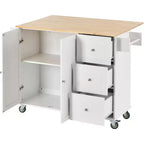 Carrello da Cucina Okak con Piano in Legno e Ruote Bloccabili, Isola da Cucina con Ribalta, Portaspezie e Portasciugamani, Organizer da Banco per la Cucina