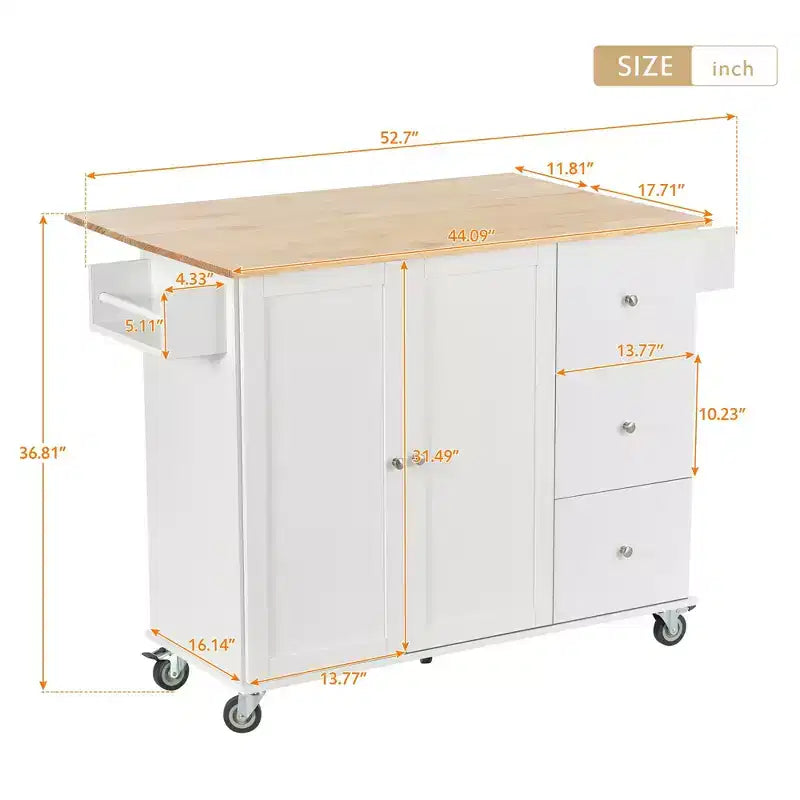 Carrello da Cucina Okak con Piano in Legno e Ruote Bloccabili, Isola da Cucina con Ribalta, Portaspezie e Portasciugamani, Organizer da Banco per la Cucina