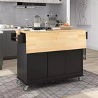 Carrello da Cucina Okak con Piano in Legno e Ruote Bloccabili, Isola da Cucina con Ribalta, Portaspezie e Portasciugamani, Organizer da Banco per la Cucina