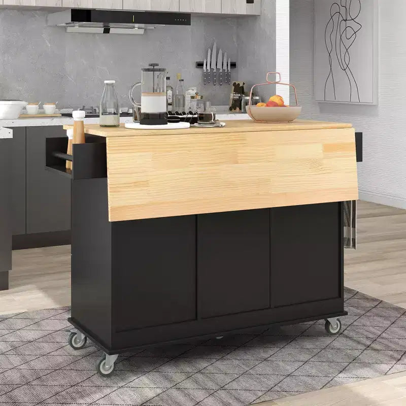 Carrello da Cucina Okak con Piano in Legno e Ruote Bloccabili, Isola da Cucina con Ribalta, Portaspezie e Portasciugamani, Organizer da Banco per la Cucina