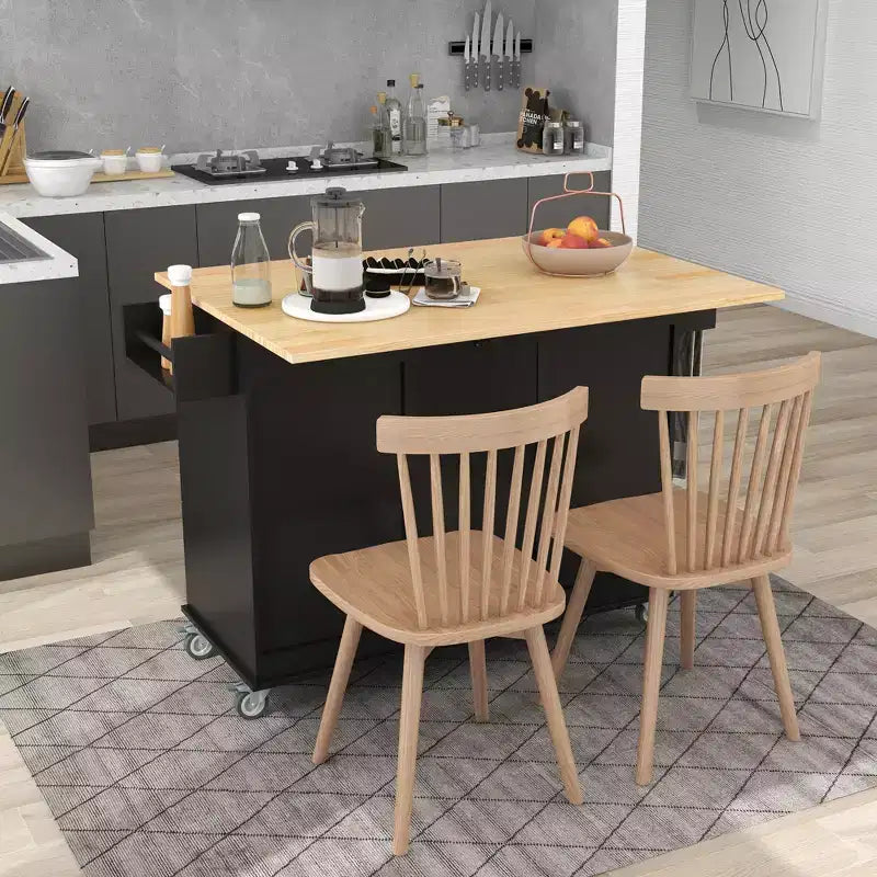 Carrello da Cucina Okak con Piano in Legno e Ruote Bloccabili, Isola da Cucina con Ribalta, Portaspezie e Portasciugamani, Organizer da Banco per la Cucina