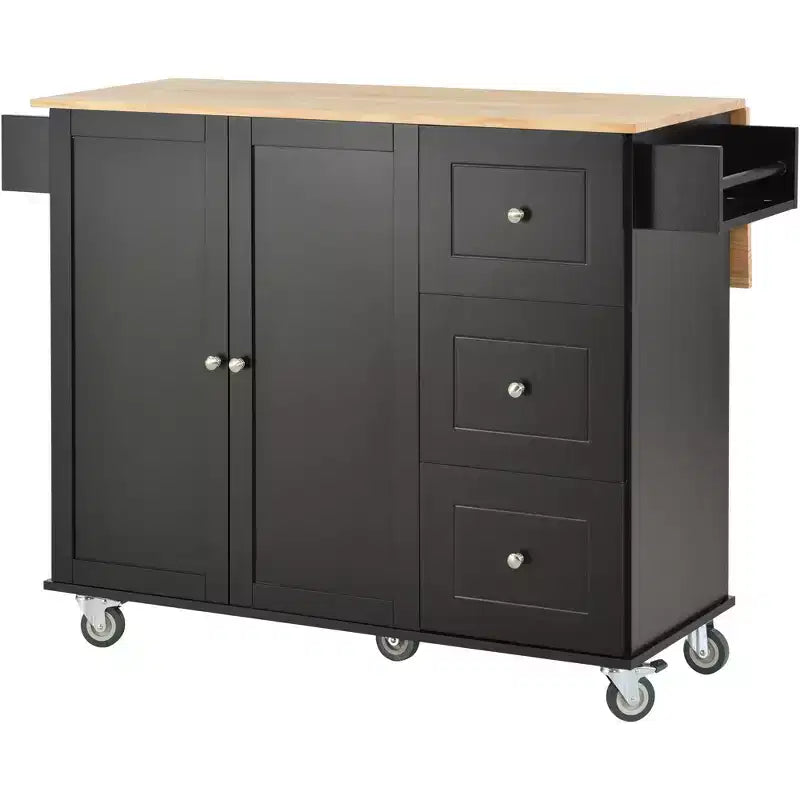 Carrello da Cucina Okak con Piano in Legno e Ruote Bloccabili, Isola da Cucina con Ribalta, Portaspezie e Portasciugamani, Organizer da Banco per la Cucina