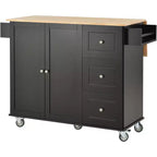 Carrello da Cucina Okak con Piano in Legno e Ruote Bloccabili, Isola da Cucina con Ribalta, Portaspezie e Portasciugamani, Organizer da Banco per la Cucina