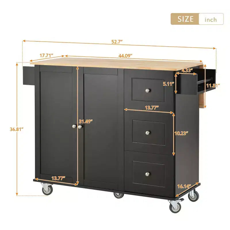 Carrello da Cucina Okak con Piano in Legno e Ruote Bloccabili, Isola da Cucina con Ribalta, Portaspezie e Portasciugamani, Organizer da Banco per la Cucina