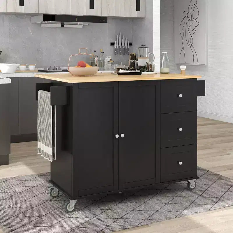Carrello da Cucina Okak con Piano in Legno e Ruote Bloccabili, Isola da Cucina con Ribalta, Portaspezie e Portasciugamani, Organizer da Banco per la Cucina