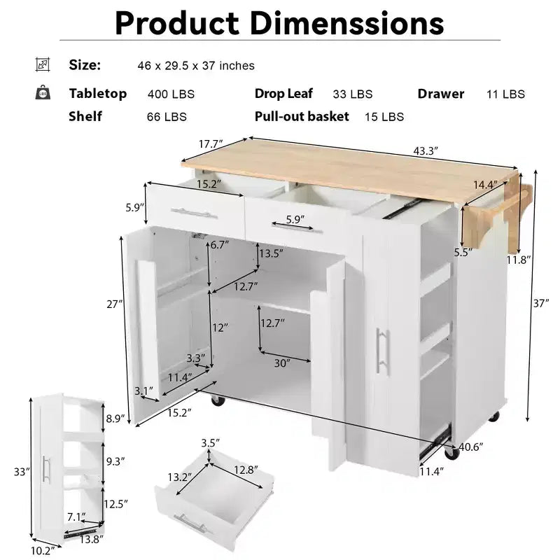 Okak Kitchen Island with 3 Tier Pull Out Cabinet Organizer, Kitchen Cart with Drop Leaf and Storage Rack, Countertop Organizer for Kitchen