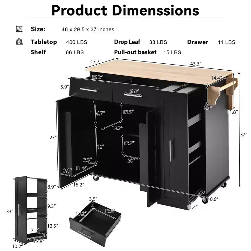 Okak Kitchen Island with 3 Tier Pull Out Cabinet Organizer, Kitchen Cart with Drop Leaf and Storage Rack, Countertop Organizer for Kitchen