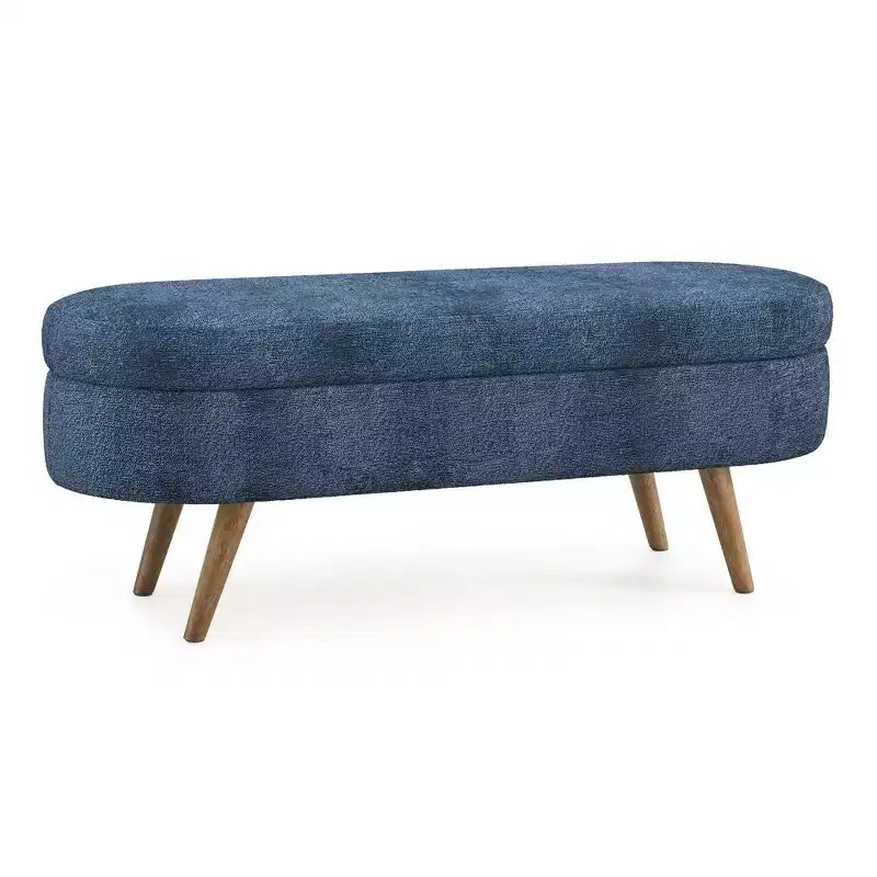 Homy Casa Oval Upholstered Storage Bench with Lift-Top Lid, Blue Fabric Ottoman with Wood Legs