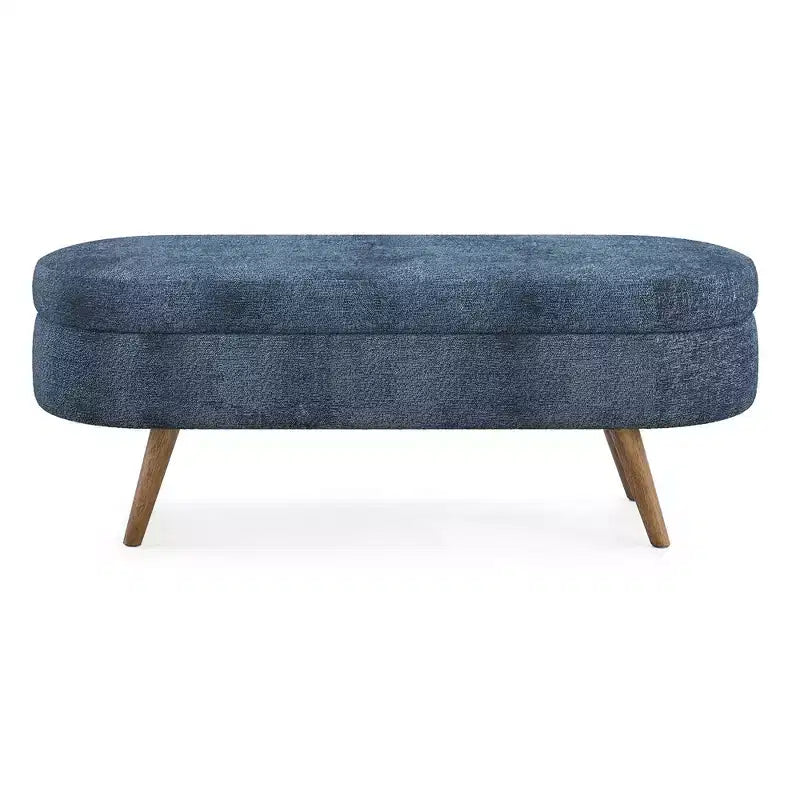 Homy Casa Oval Upholstered Storage Bench with Lift-Top Lid, Blue Fabric Ottoman with Wood Legs
