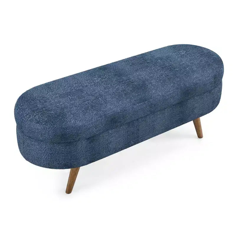 Homy Casa Oval Upholstered Storage Bench with Lift-Top Lid, Blue Fabric Ottoman with Wood Legs