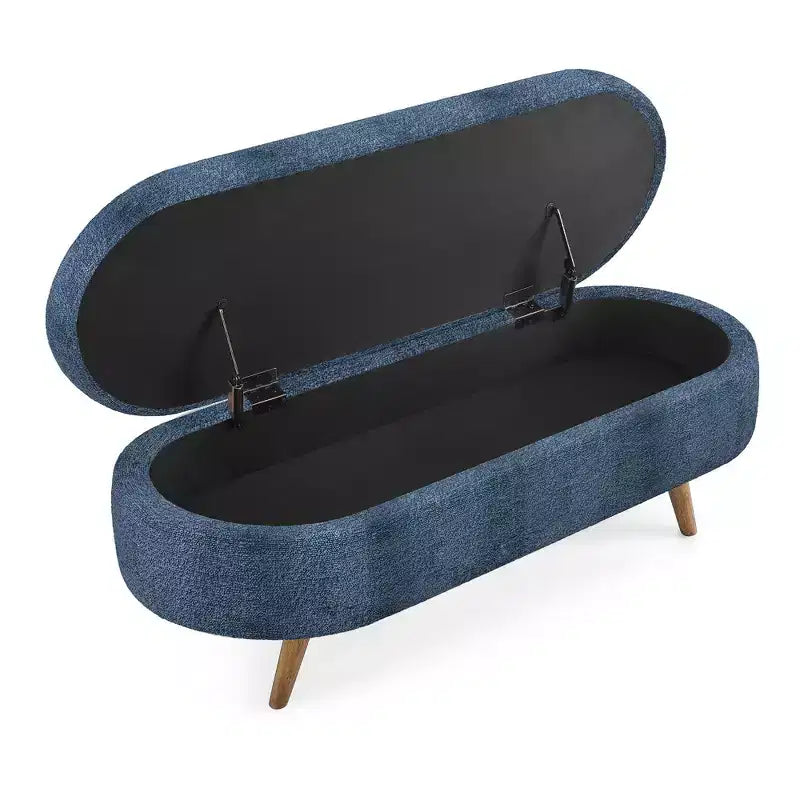 Homy Casa Oval Upholstered Storage Bench with Lift-Top Lid, Blue Fabric Ottoman with Wood Legs