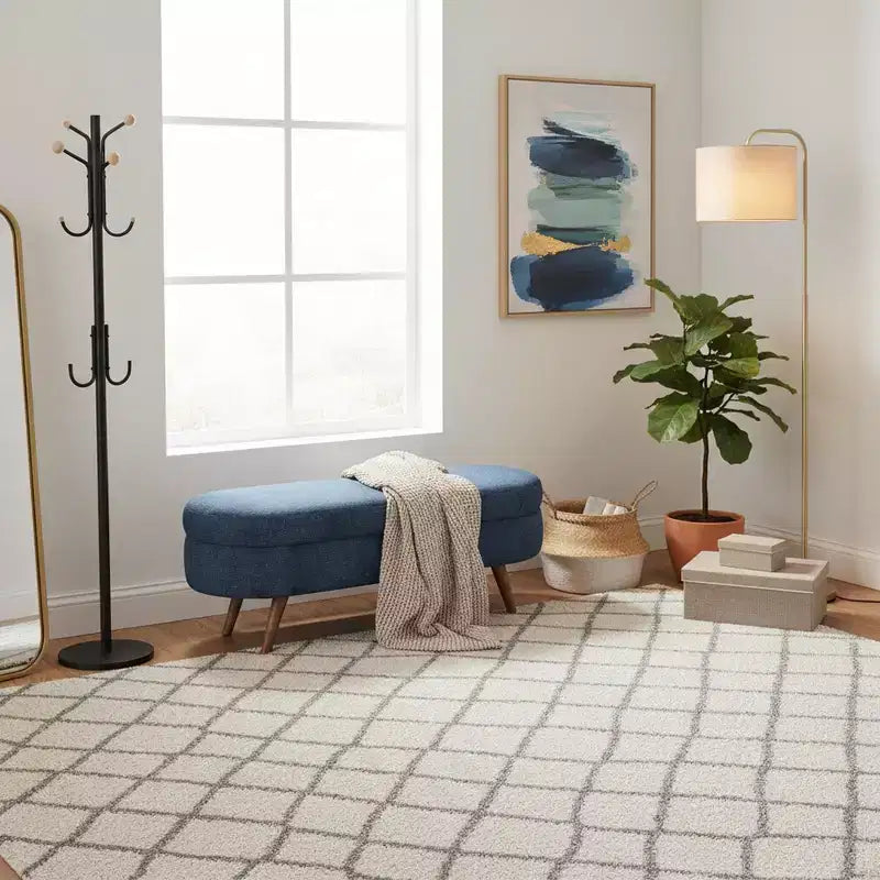 Homy Casa Oval Upholstered Storage Bench with Lift-Top Lid, Blue Fabric Ottoman with Wood Legs