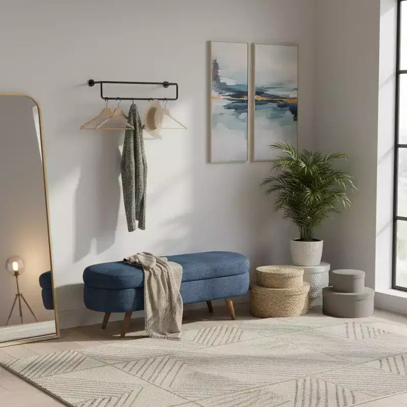 Homy Casa Oval Upholstered Storage Bench with Lift-Top Lid, Blue Fabric Ottoman with Wood Legs