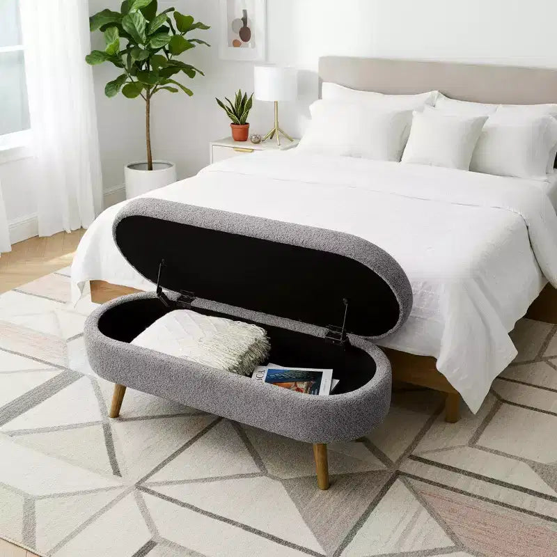 Homy Casa Oval Upholstered Storage Bench with Lift-Top Lid, Blue Fabric Ottoman with Wood Legs