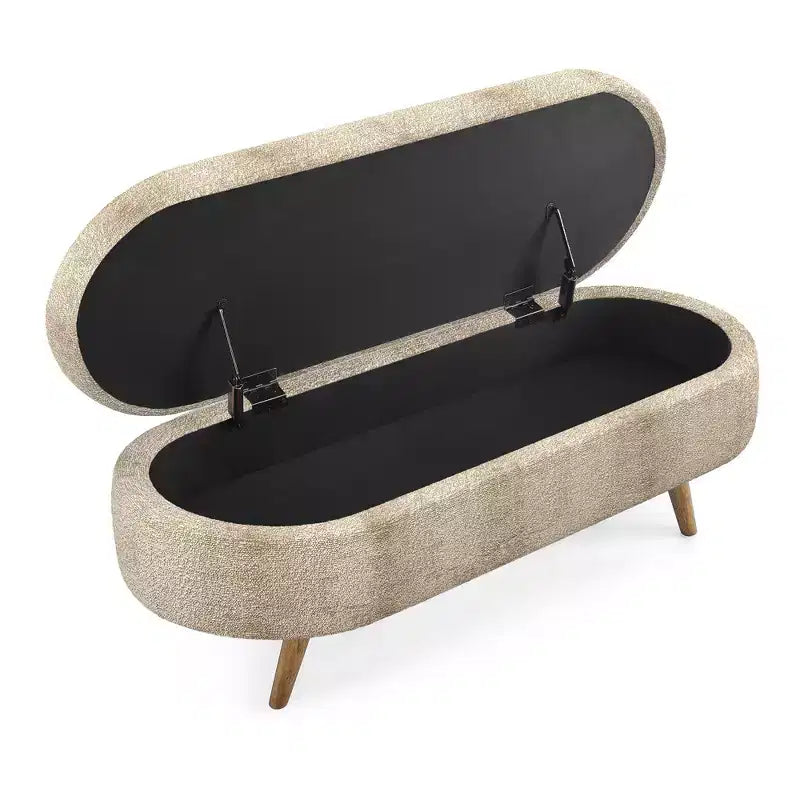 Homy Casa Oval Upholstered Storage Bench with Lift-Top Lid, Blue Fabric Ottoman with Wood Legs