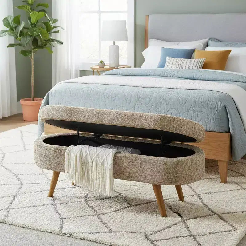 Homy Casa Oval Upholstered Storage Bench with Lift-Top Lid, Blue Fabric Ottoman with Wood Legs
