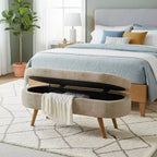 Homy Casa Oval Upholstered Storage Bench with Lift-Top Lid, Blue Fabric Ottoman with Wood Legs