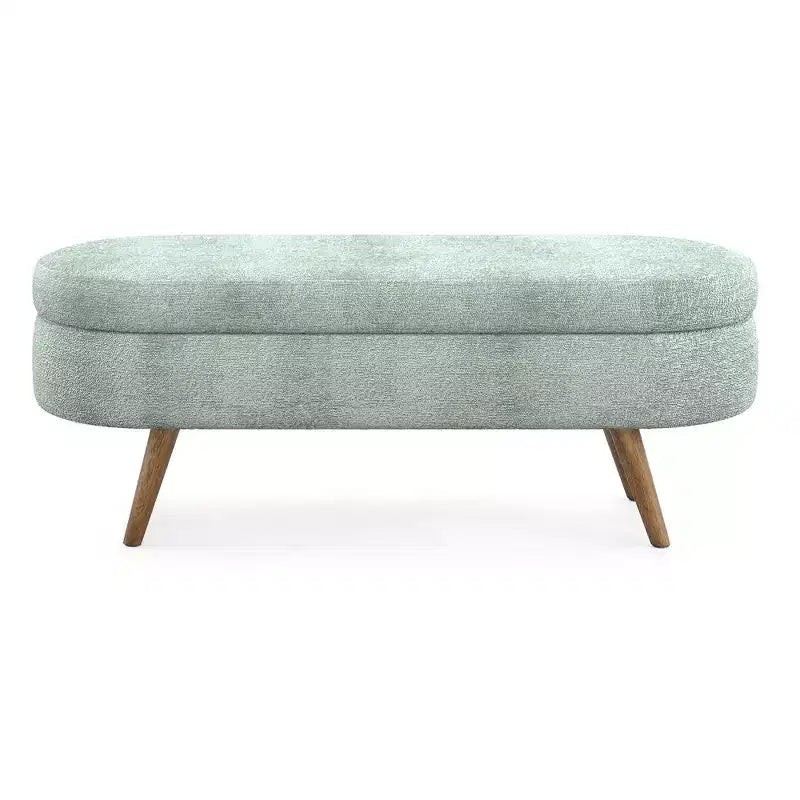 Homy Casa Oval Upholstered Storage Bench with Lift-Top Lid, Blue Fabric Ottoman with Wood Legs