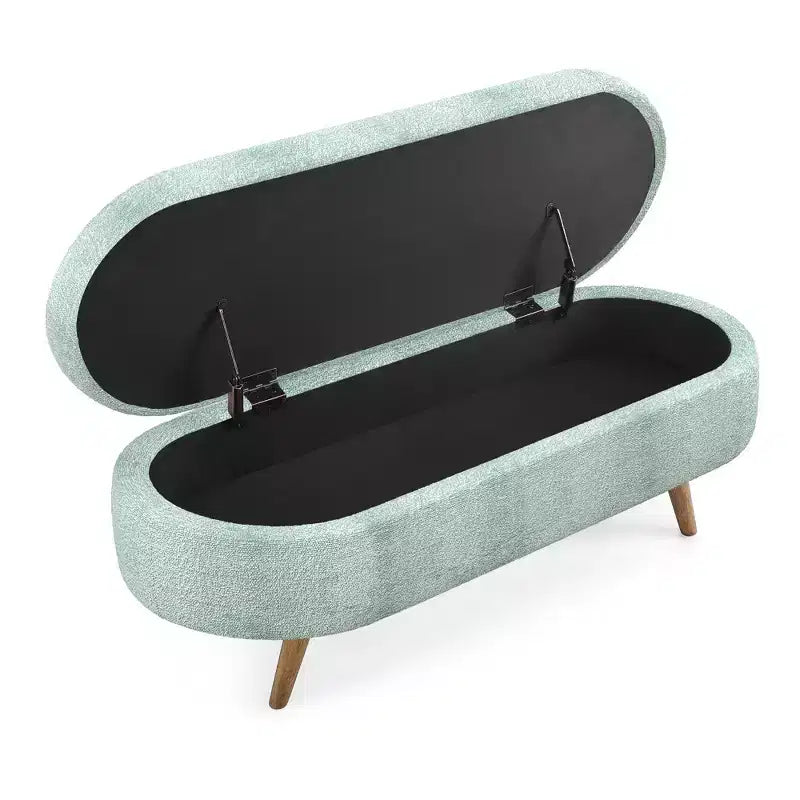 Homy Casa Oval Upholstered Storage Bench with Lift-Top Lid, Blue Fabric Ottoman with Wood Legs