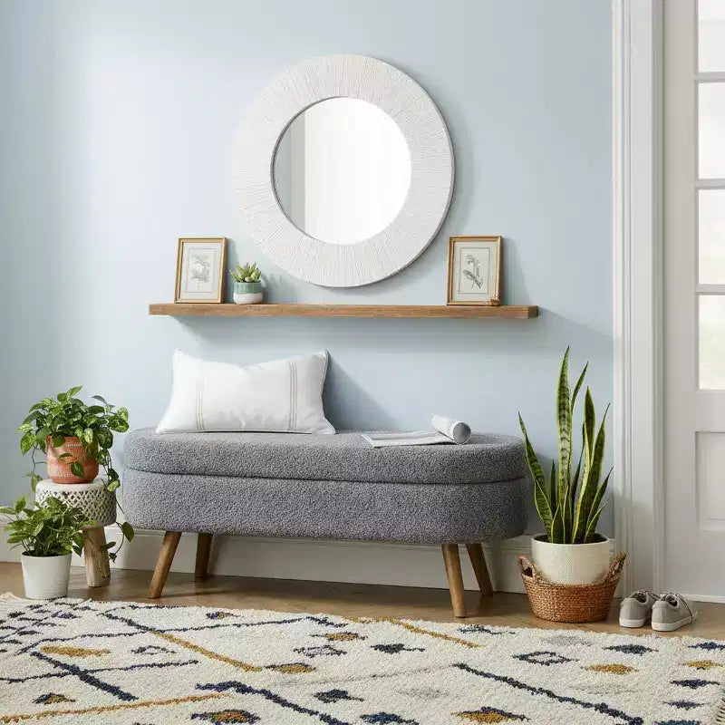 Homy Casa Oval Upholstered Storage Bench with Lift-Top Lid, Blue Fabric Ottoman with Wood Legs