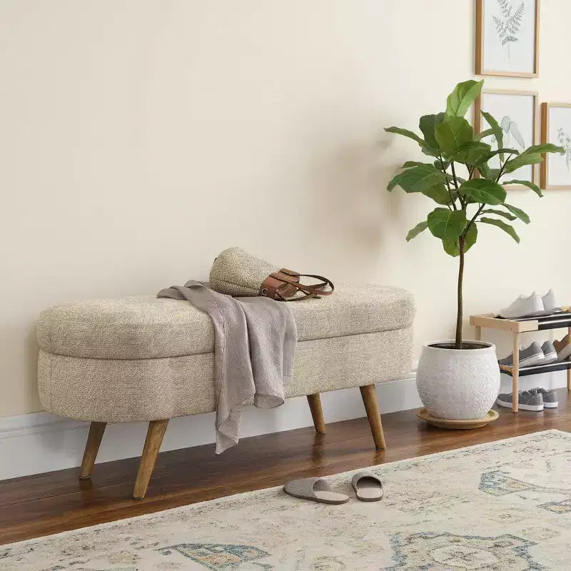 Homy Casa Oval Upholstered Storage Bench with Lift-Top Lid, Blue Fabric Ottoman with Wood Legs