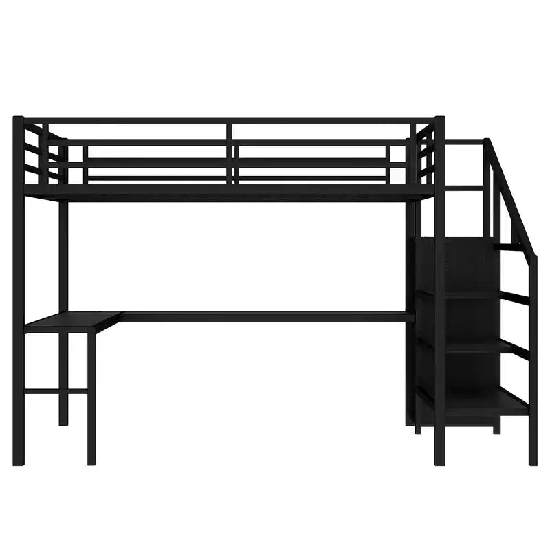 Bellemave Queen Loft Bed with L-Shaped Desk, Wardrobe, USB Port & LED, Metal Loft Bed with Storage Stairs & Adjustable Shelf, Black