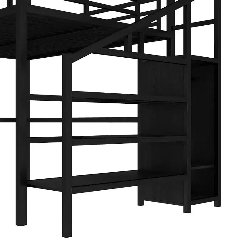 Bellemave Queen Loft Bed with L-Shaped Desk, Wardrobe, USB Port & LED, Metal Loft Bed with Storage Stairs & Adjustable Shelf, Black