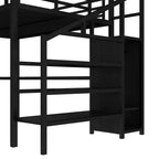 Bellemave Queen Loft Bed with L-Shaped Desk, Wardrobe, USB Port & LED, Metal Loft Bed with Storage Stairs & Adjustable Shelf, Black