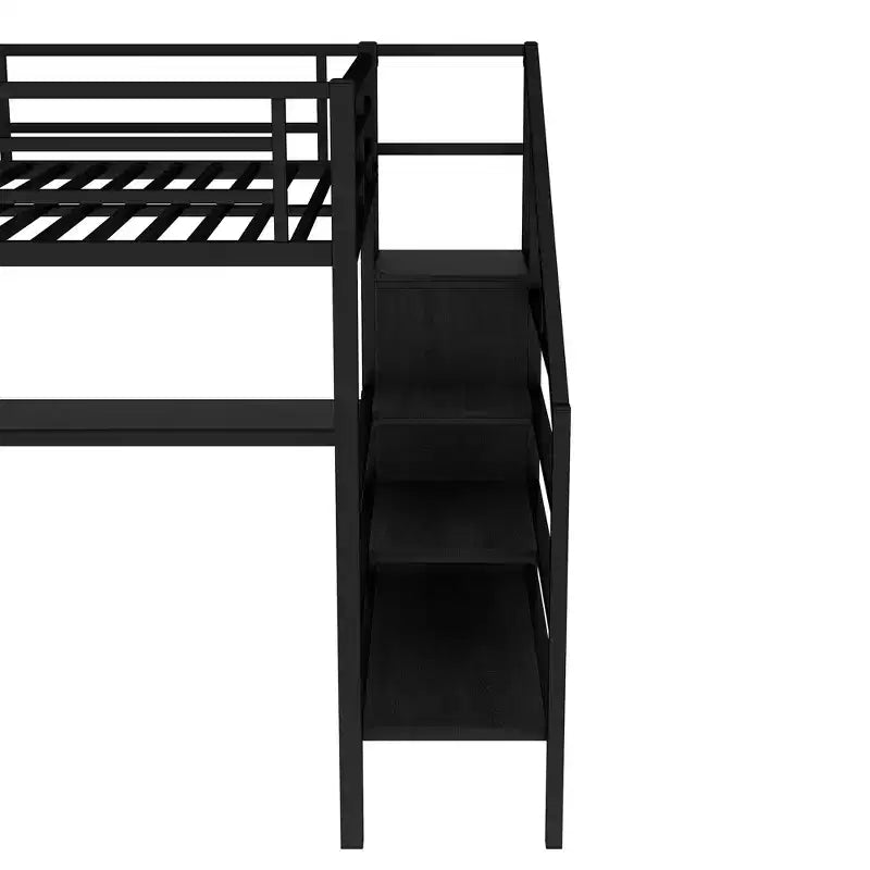 Bellemave Queen Loft Bed with L-Shaped Desk, Wardrobe, USB Port & LED, Metal Loft Bed with Storage Stairs & Adjustable Shelf, Black