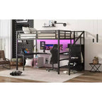 Bellemave Queen Loft Bed with L-Shaped Desk, Wardrobe, USB Port & LED, Metal Loft Bed with Storage Stairs & Adjustable Shelf, Black