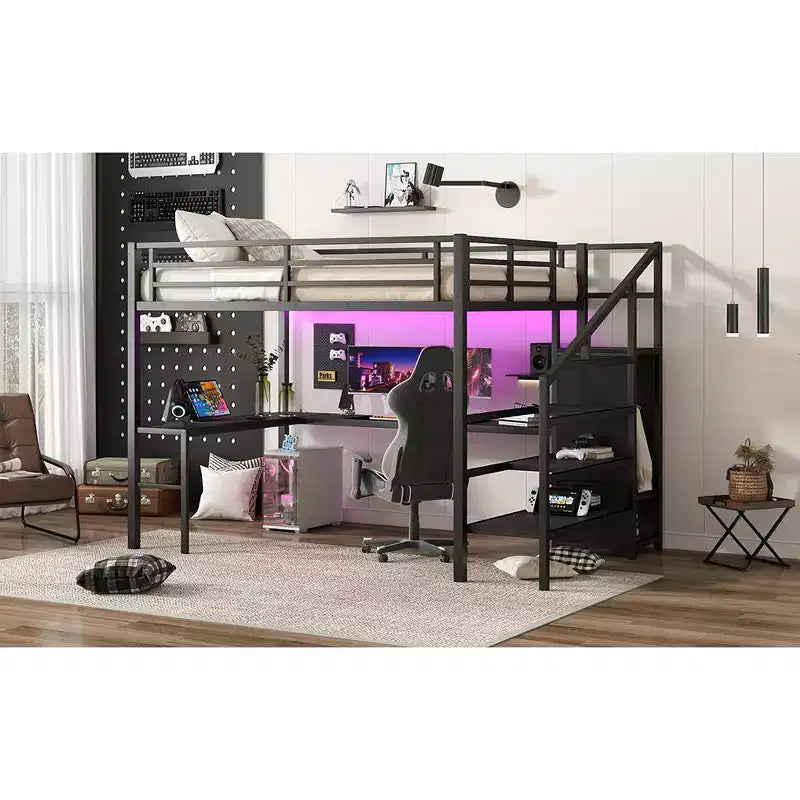 Bellemave Queen Loft Bed with L-Shaped Desk, Wardrobe, USB Port & LED, Metal Loft Bed with Storage Stairs & Adjustable Shelf, Black