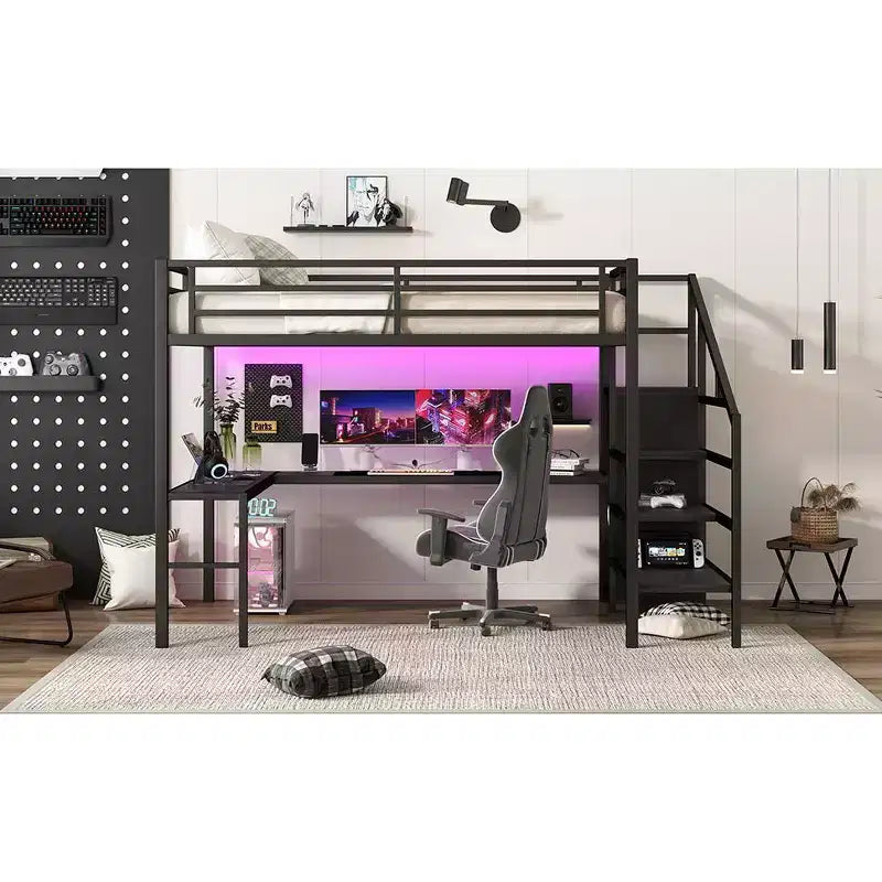 Bellemave Queen Loft Bed with L-Shaped Desk, Wardrobe, USB Port & LED, Metal Loft Bed with Storage Stairs & Adjustable Shelf, Black