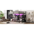 Bellemave Queen Loft Bed with L-Shaped Desk, Wardrobe, USB Port & LED, Metal Loft Bed with Storage Stairs & Adjustable Shelf, Black