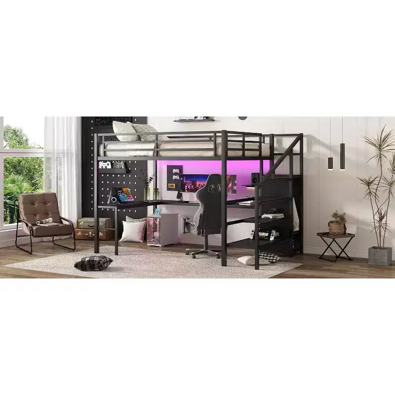 Bellemave Queen Loft Bed with L-Shaped Desk, Wardrobe, USB Port & LED, Metal Loft Bed with Storage Stairs & Adjustable Shelf, Black