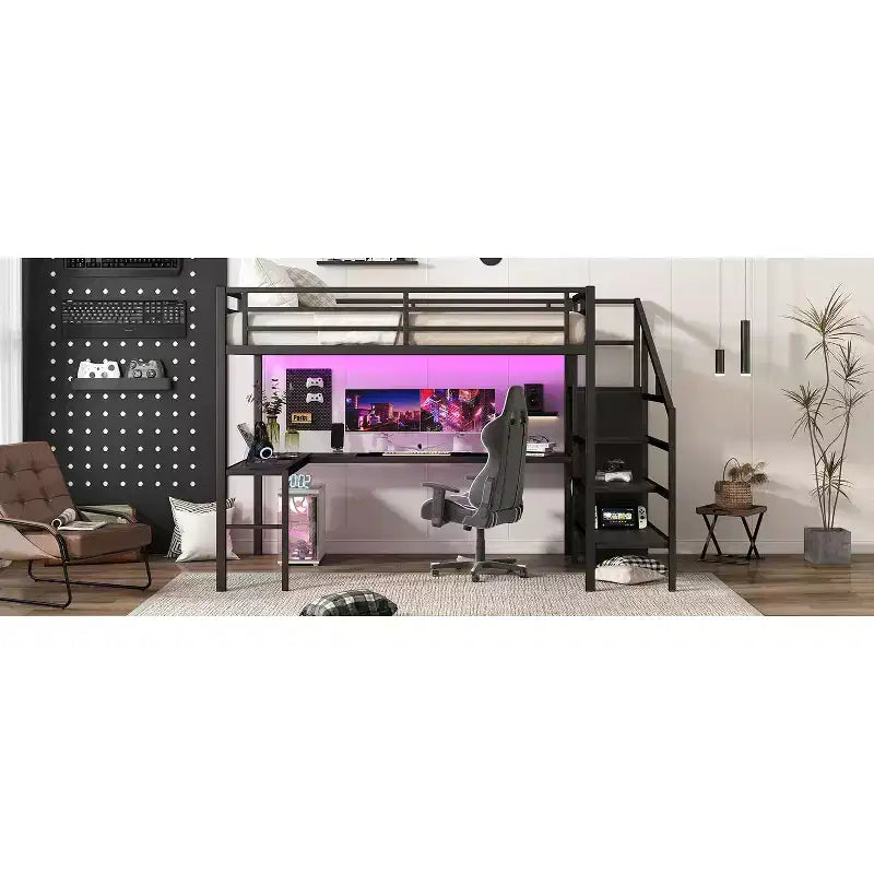 Bellemave Queen Loft Bed with L-Shaped Desk, Wardrobe, USB Port & LED, Metal Loft Bed with Storage Stairs & Adjustable Shelf, Black