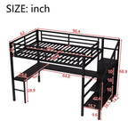 Bellemave Queen Loft Bed with L-Shaped Desk, Wardrobe, USB Port & LED, Metal Loft Bed with Storage Stairs & Adjustable Shelf, Black