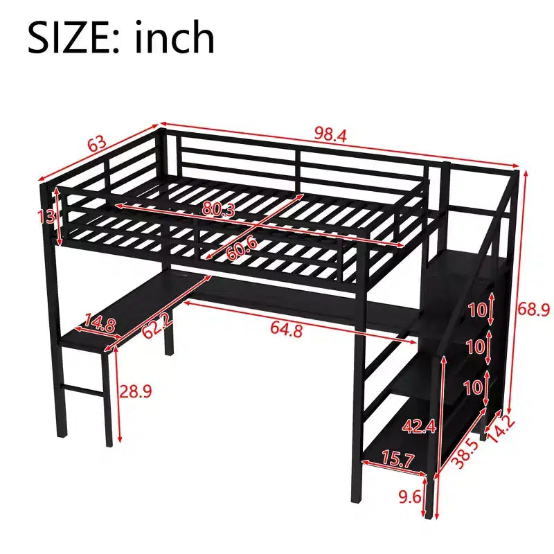 Bellemave Queen Loft Bed with L-Shaped Desk, Wardrobe, USB Port & LED, Metal Loft Bed with Storage Stairs & Adjustable Shelf, Black