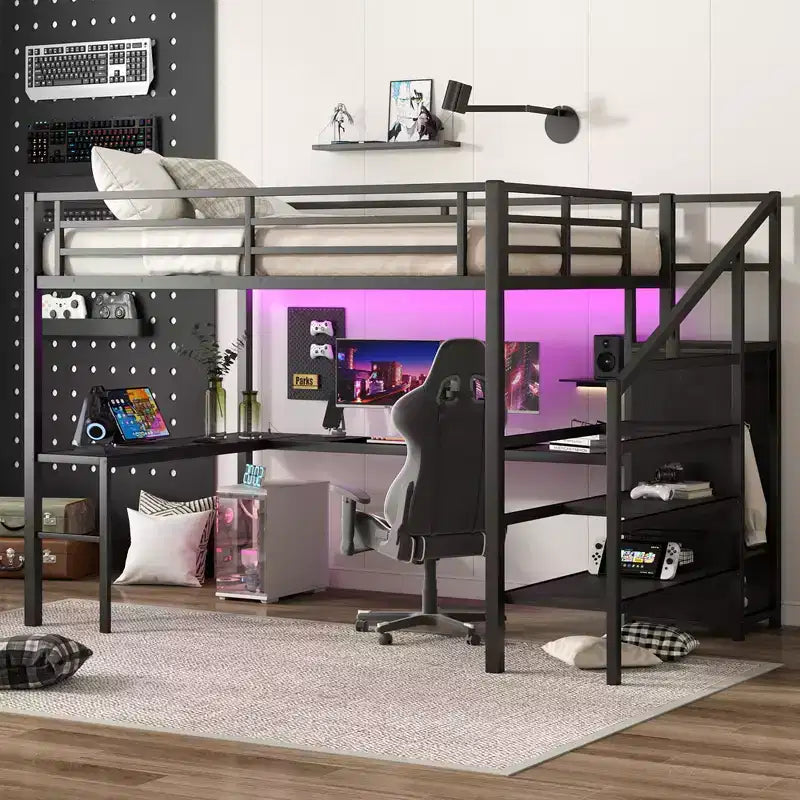 Bellemave Queen Loft Bed with L-Shaped Desk, Wardrobe, USB Port & LED, Metal Loft Bed with Storage Stairs & Adjustable Shelf, Black
