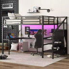 Bellemave Queen Loft Bed with L-Shaped Desk, Wardrobe, USB Port & LED, Metal Loft Bed with Storage Stairs & Adjustable Shelf, Black